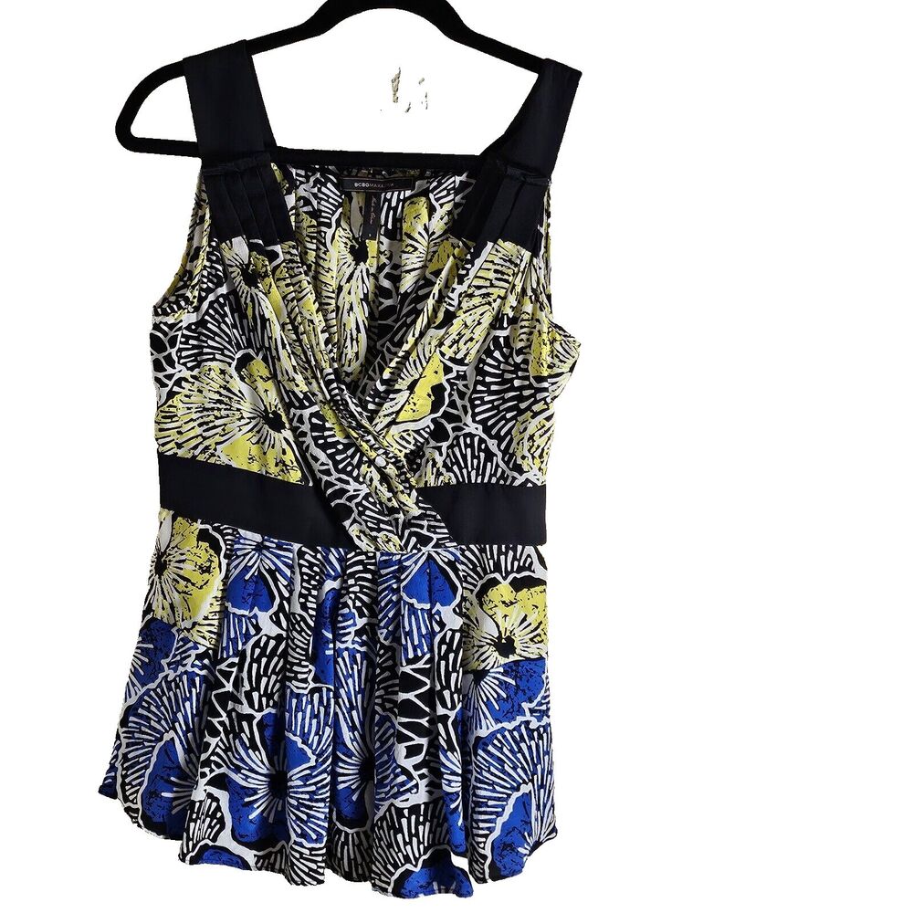 BCBG MaxAzria Silk Floral Blouse Top Black Blue Yellow size small pre-owned